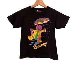 Vintage Barney T-shirt New 92 Lyons Dinosaur Umbrella Rain Black T-A-G Size 5-6Y